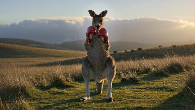 Boxing Kangaroo in Australian Outback at Sunset Funny Animal Wildlife