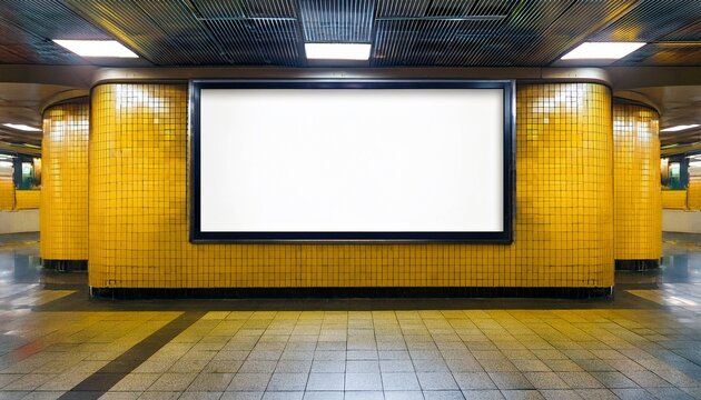 blank billboard mockup subway station ad space a blank billboard mockup in a subway station with yellow tiled walls and a glossy floor
