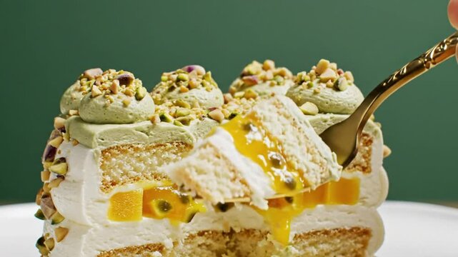 Delicious slice of mango passionfruit cake with pistachio nuts being taken by a golden fork