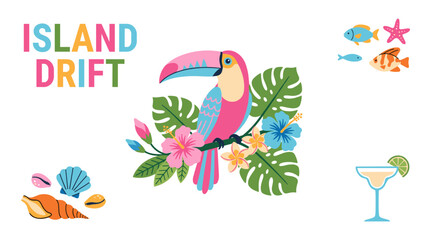 Naklejka premium Tropical island drift design. Toucan bird and summer paradise vector artwork.