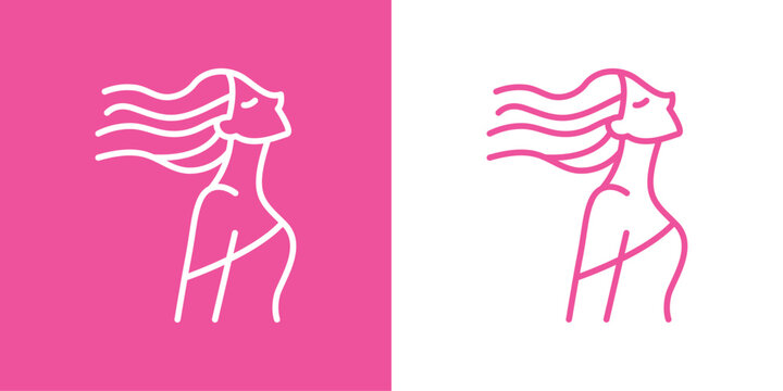Logo de boutique de moda femenina. Dibujo minimalista con l&iacute;neas de una mujer de pie de perfil, con el pelo largo y ondulado y un vestido con un amplio escote, en rosa y blanco 
