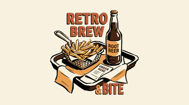 Retro diner food illustration. Root beer and french fries. Vintage cafe design.