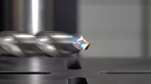 Close up view of spinning drill bit on a machine ready to bore a hole in the metal