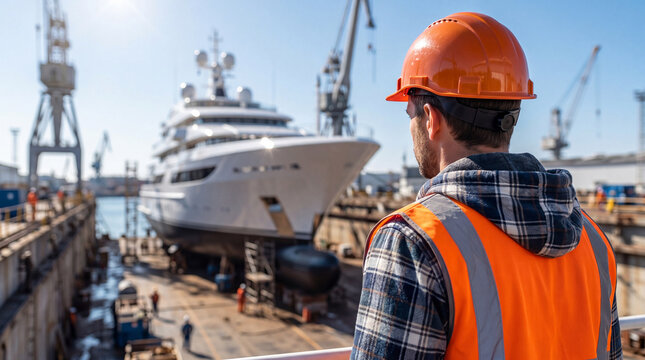 Professional shipyard worker supervising massive superyacht in sunny drydock