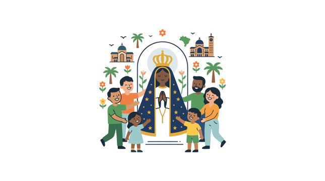 Diverse Family Celebrating Religious Figure Statue in Festive Setting