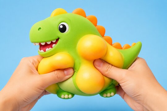 Soft toy dinosaur being squeezed, body bulging out comically.