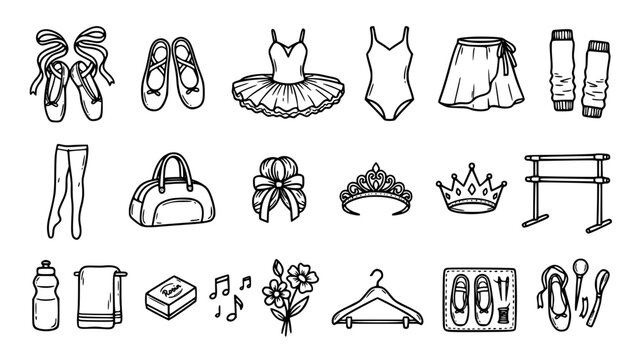 Hand Drawn Ballet Accessories Vector Icons with Pointe Shoes Tutu Leotard Dancewear Essentials Black and White Doodle Sketch Collection
