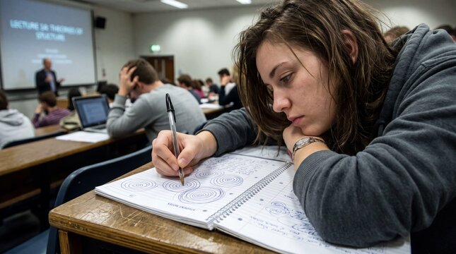 A female student rests her head on her desk in a lecture hall, aimlessly doodling circles in her notebook. The blurred background emphasizes her deep boredom and distraction.