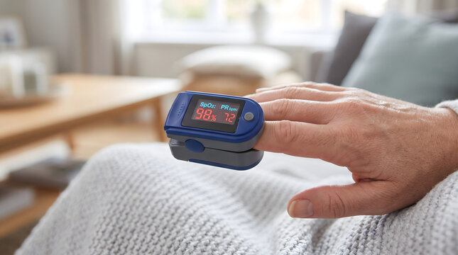 Person using a pulse oximeter on their finger for health monitoring