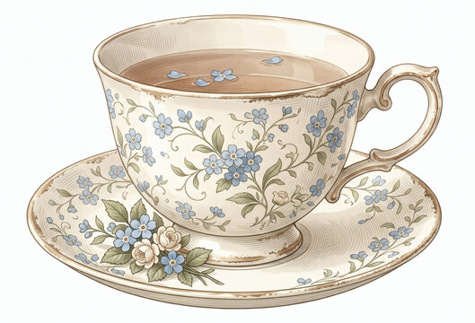 Vintage porcelain teacup and saucer with blue forget-me-not flowers watercolor illustration isolated on white background