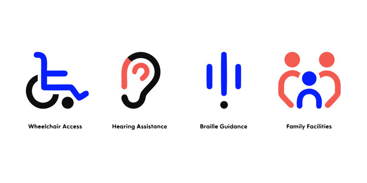 Set of four icons representing accessibility facilities including wheelchair access hearing assistance braille guidance family facilities with accessibility icon accessibility sign accessibility