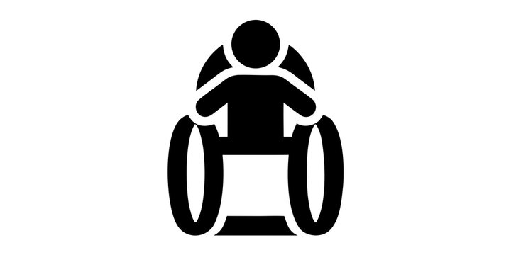 Black and white icon of a person in a wheelchair with barrier free wheelchair accessibility disability inclusion diversity illustration mobility assistance equipment independent autonomy