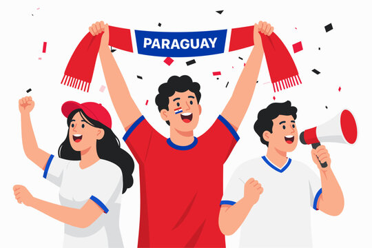 Vector illustration of enthusiastic Paraguayan football fans cheering with Paraguay flags. Ideal for sports event promotions, fan culture content, football campaigns, and supporters.