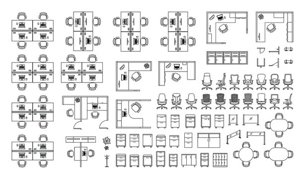 Detailed office furniture layout elements and workstation vector assets