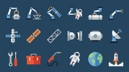 Flat Vector Icons of Space Station Assembly, Robotic Arms, Astronauts, Satellites, and Earth, Set on Dark Blue Background, Graphic Resource Collection © Noviza
