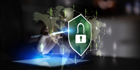 Fototapeta premium Cybersecurity Protection with Lock and Shield Icons on Digital Interface
