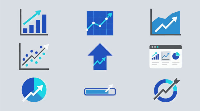 Flat Vector Icons of Financial Charts and Graphs Showing Positive Trends and Growth, Digital Data Analysis and Statistics Concepts, Blue and Teal Color Palette