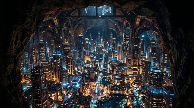Futuristic city glowing inside a massive underground cavern