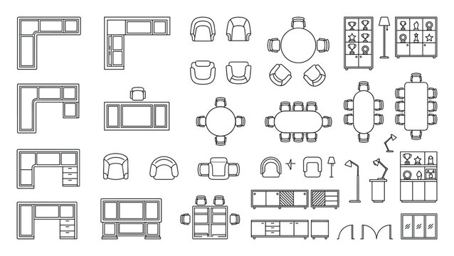 Detailed top-down plan view symbols for office furniture and layout design