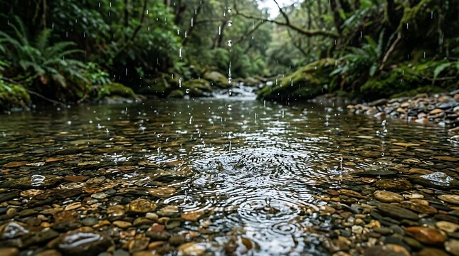 Rain falling on a forest stream with clear water and pebbles