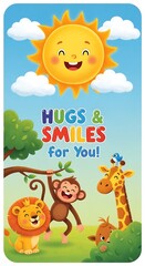 Naklejka premium Cheerful Cartoon Safari Animals Smiling Under Happy Sun in Colorful Greeting Card