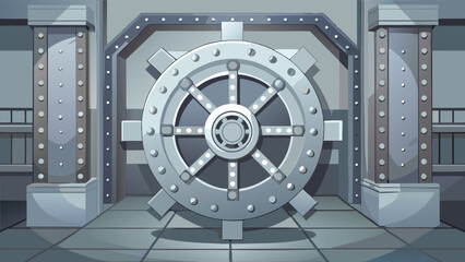 Naklejka premium Massive vault door in a secure bank interior with industrial pillars and dramatic lighting