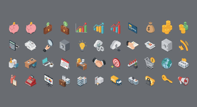 Comprehensive isometric business and finance icon collection