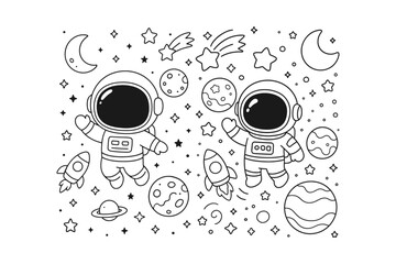 Two cute cartoon astronauts floating in space with rockets and planets rendered in a simple black and white line art © BWKit