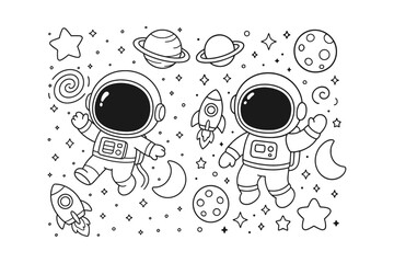 A fun black and white line art illustration featuring two adorable astronauts waving alongside rockets and planets in outer space © BWKit