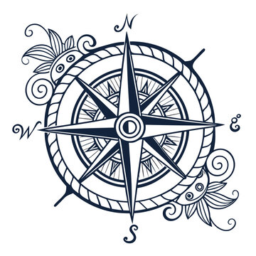 Compass wind rose vintage style illustration with floral curls and cardinal directions north south east west isolated on white background for nautical map navigation design concept vector artwork art.