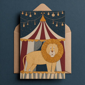 Colorful circus lion illustration inside a decorative envelope on a textured blue background