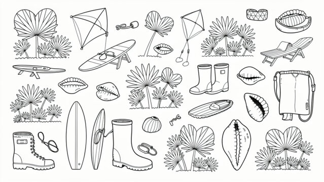 Collection of Hand-Drawn Beach and Summer Accessories.