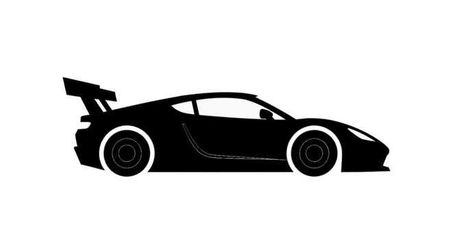 Minimal black silhouette icon, simple flat vector, bold black shape, no gradients, no shading silhouette of a modern sports car with a rear racing spoiler on a, flat icon style