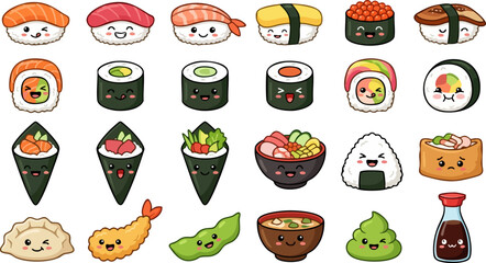 Cute sushi food icons set with happy faces and colorful ingredients Vector © Khadija