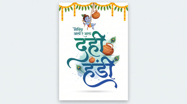 Dahi Handi Festival Typography with Baby Krishna Elements for Janmashtami Greeting Design