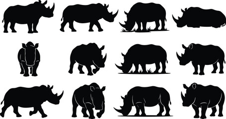 Rhinoceros Silhouette Collection Isolated Wildlife Animal Vector Set © Hello World
