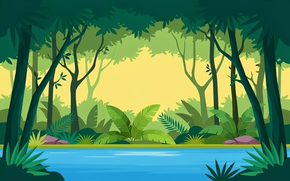 Cartoon style of a lush green jungle forest with tall trees, dense foliage, and a calm blue river flowing through the center, creating a peaceful and vibrant natural landscape scene