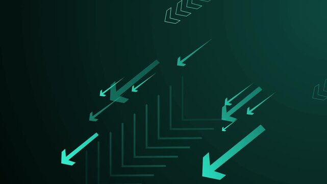 Abstract dark background with glowing arrows and lines pointing down and left animation