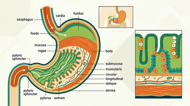 Human stomach anatomy diagram showing digestive system layers and parts