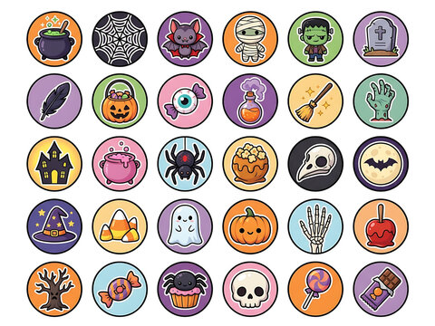 Kawaii Halloween Sticker Icon Set Isolated on Transparent Background