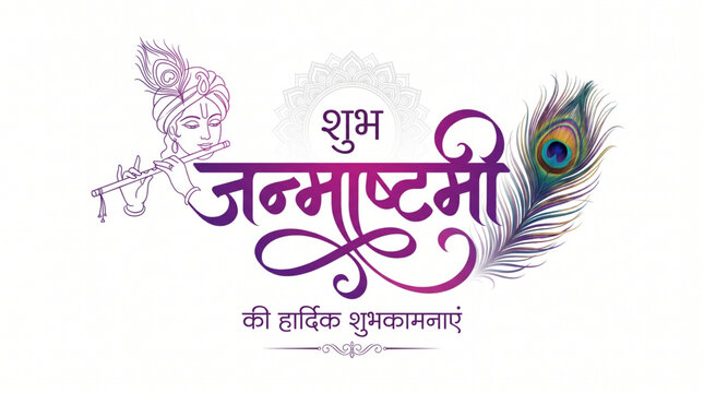 Shubh Janmashtami Typography with Peacock Feather and Krishna Line Art Greeting Design