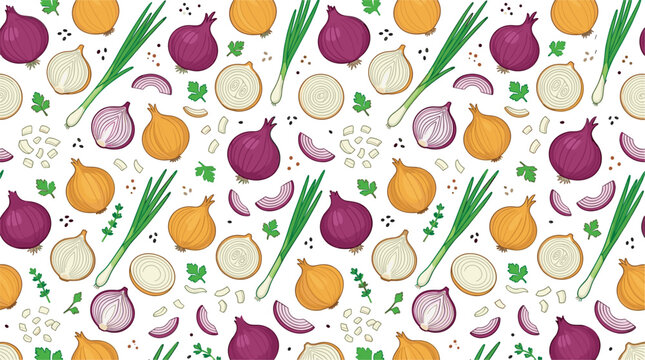 Fresh onion seamless pattern vector illustration with red yellow green spring onions slices and herbs on white background