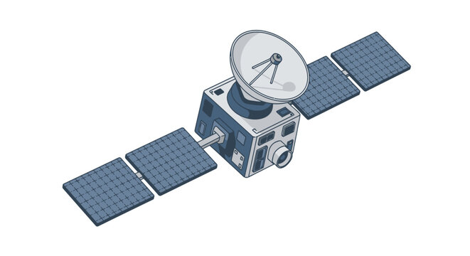 Satellite with solar panels and parabolic antenna for communication