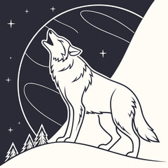 Wolf howling at full moon vector illustration featuring silhouette of wild animal standing on hill under starry night sky with pine trees and planetary rings background for wildlife conservation art. © Mst. Akhi  Khatun