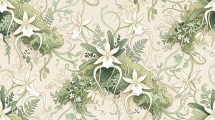 Fototapeta premium Elegant vintage botanical seamless pattern featuring white flowers, green foliage, and ornamental vines on a soft textured background. Suitable for wallpaper, textiles, stationery, and surface pattern