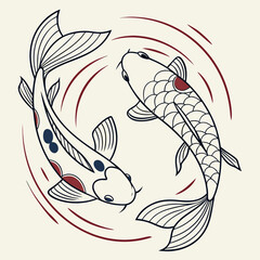 Detailed composition featuring two koi carp fish swimming in circle with red sun accents created in clean oriental aesthetic suitable for graphic design projects related to wellness and meditation. © Mst. Akhi  Khatun