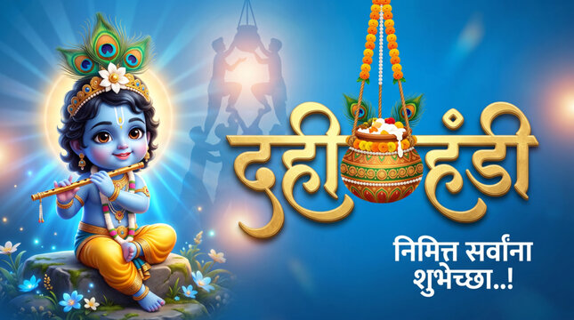 Cute Baby Krishna with Dahi Handi for Janmashtami Festival Greeting Banner Design