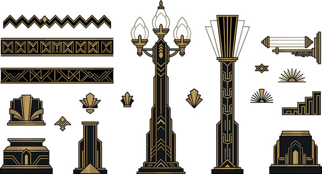 Art Deco Luxury Architectural Column Vector Set with Elegant Black Gold Geometric Borders Steampunk Pillars and Great Gatsby Style Vintage Lampposts