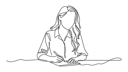 Obraz premium Minimalist continuous line art illustration of a woman seated at a desk writing on paper, simple modern drawing symbolizing concentration, creativity, study, and thoughtful expression