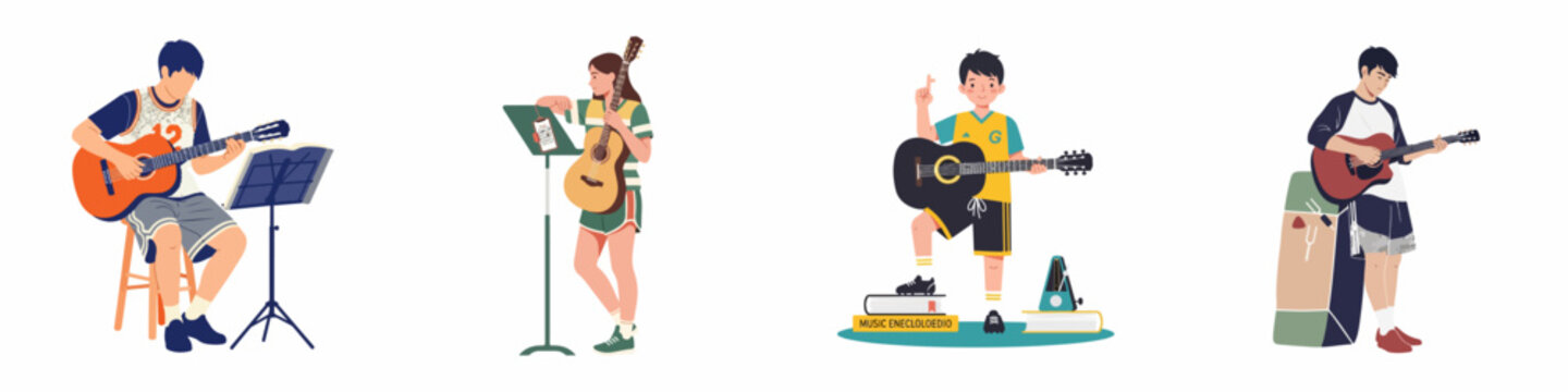 Set of diverse young students learning and practicing acoustic guitar with music stands, books, and metronomes on a white background.